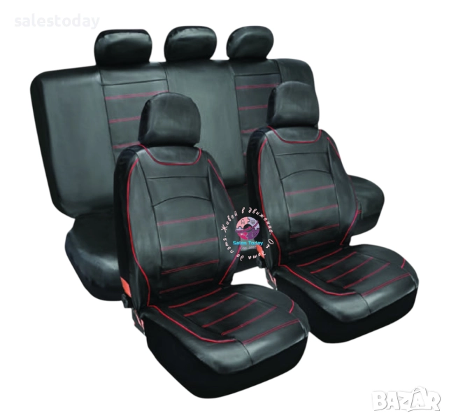 Тапицерия за кола от изкуствена еко кожа, калъфи за седалки за всички седалки в автомобила, червен, снимка 1