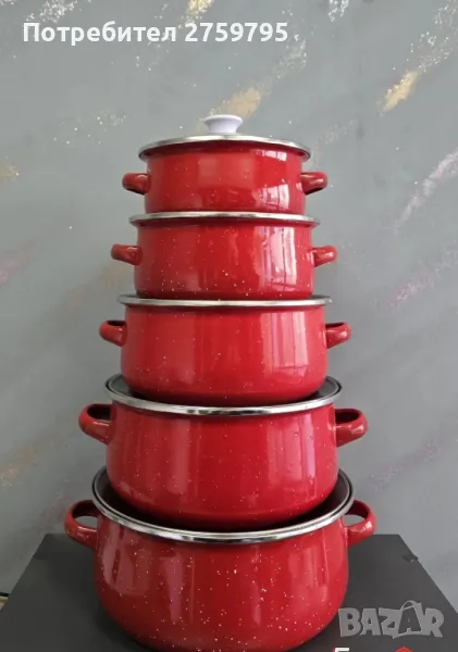 ХИТ.Комплект 5 броя тенджери, със 5 бр стъклени капаци Висококачествена изработка Червени.

, снимка 1