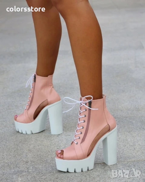 Летни боти на ток - пудра кожа с бяло ходило - 74

, снимка 1