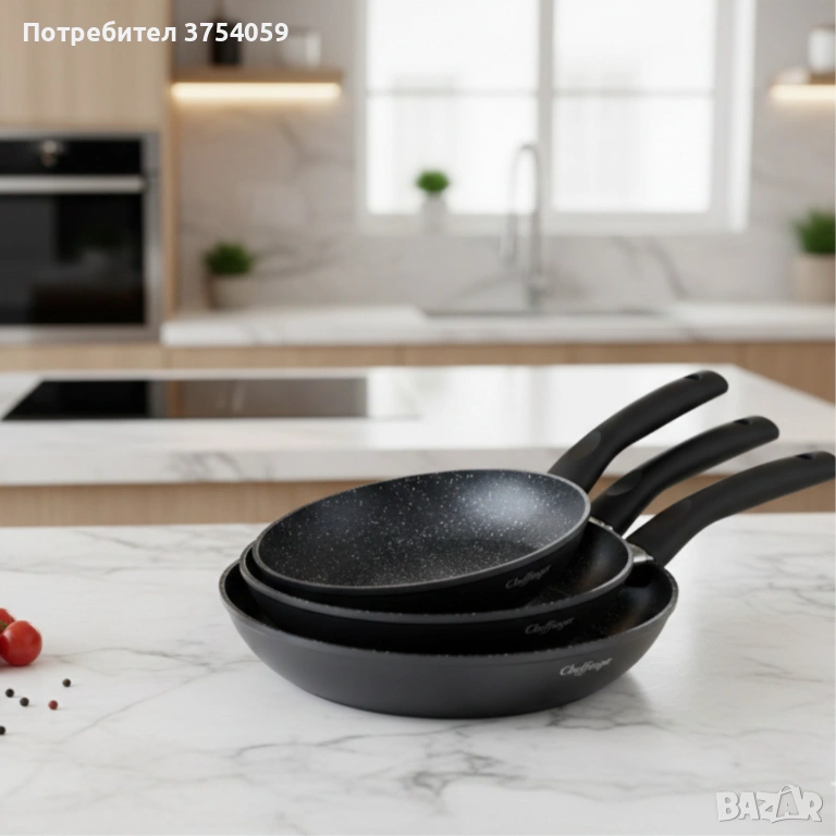 Комплект тигани Cheffinger с мраморно покритие – 3 части за всяка кухня - черен цвят, снимка 1