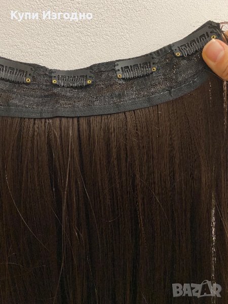 Екстеншън права кестенява коса ред с клипси 55см синтетика, снимка 1