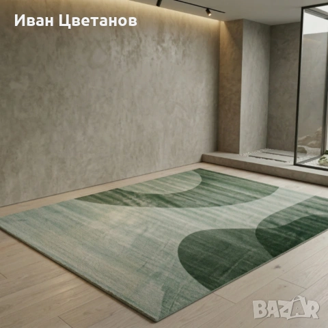 Модерен килим за хол 120х160см - Зелени вълни на светъл фон и 3D ефект, Противоплъзгащ