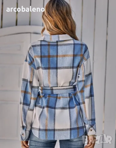 Дамско ежедневно карирано яке с колан, снимка 4 - Якета - 51884154