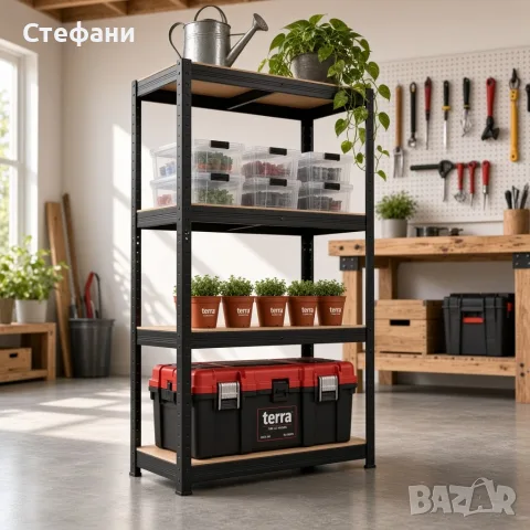 Здрав метален стелаж - Безвинтов гаражен рафт с 4 нива 150x70x30 см, снимка 2 - Стелажи и щандове - 56160237