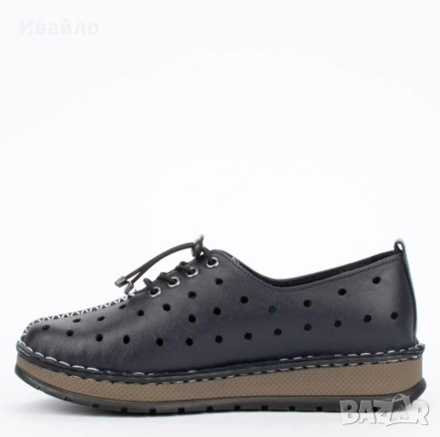 Дамски обувки от естествена кожа в черно с перфорация и връзки, снимка 3 - Дамски ежедневни обувки - 53915844