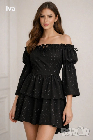 Модерна черна рокля с деликатни блестящи акценти