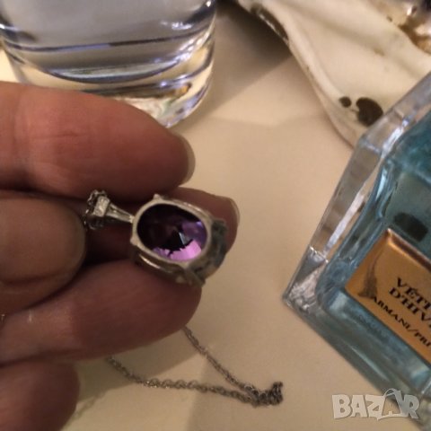 Сребърен синджир с висулка аметист , снимка 5 - Колиета, медальони, синджири - 36952547