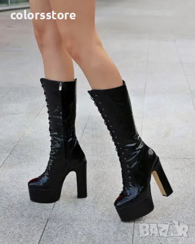 Ботуши на ток - черен лак - BP90, снимка 2 - Дамски ботуши - 36189762