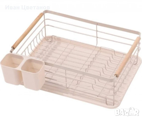 Сушилник за съдове Rosberg, 1 ниво, 43x31.5x14 см, Бежов/Черен, с дървени дръжки, снимка 2 - Сушилници - 50490314