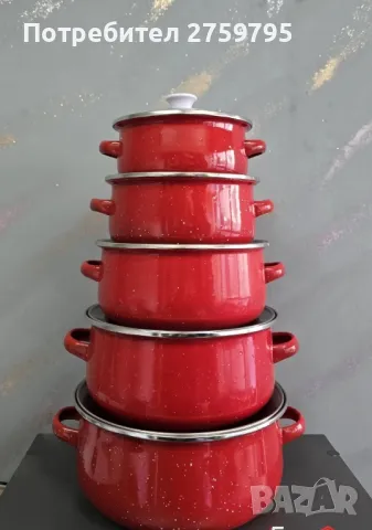 ХИТ.Комплект 5 броя тенджери, със 5 бр стъклени капаци Висококачествена изработка Червени.

