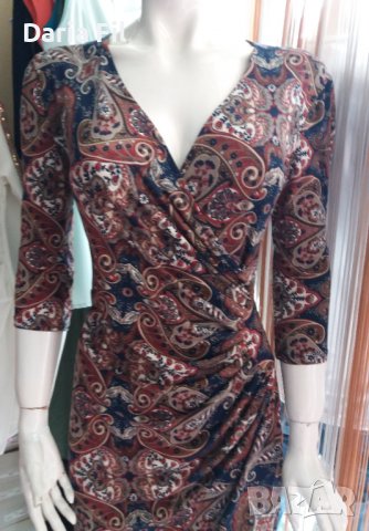 -20% Рокля в кафяво-сини пейсли принт цветове и набор около кръста, снимка 3 - Рокли - 37350660