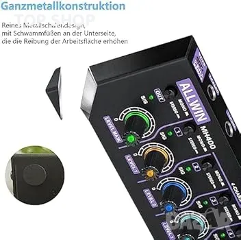 ALLWIN DC5V 4-канален мини аудио миксер 4 в 1 изход Моно и стерео поддръжка за субмиксер, снимка 5 - Слушалки и портативни колонки - 48764531