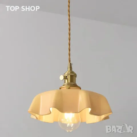 NICRX 250 mm стъклена висяща лампа с жълто цвете, висяща лампа от златен месинг и стъкло, снимка 5 - Лампи за таван - 49551806