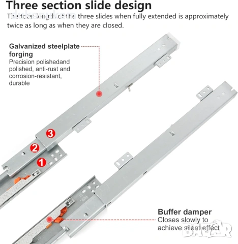 Комплект Долни водачи за чекмеджета с пълно изтегляне и плавно затваряне – 20 см, снимка 5 - Шкафове - 53189261