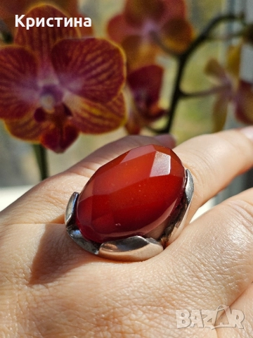 Масивен сребърен пръстен с Карнеол, снимка 6 - Пръстени - 52259169