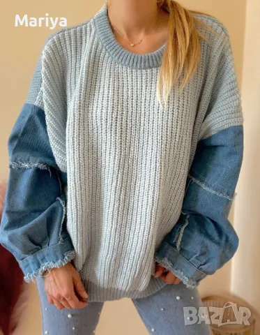 Топли пуловери с ръкав от деним. Син, сив, бежов, черен цвят. С,М,Л,ХЛ, снимка 7 - Блузи с дълъг ръкав и пуловери - 47682174