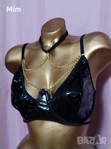 1XL Черен сутиен от лак / винил /със златист синджир с чокър , снимка 3 - Бельо - 52450685
