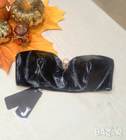 Нови дрехи Junona Юнона секси лъскаво черно бюстие кроп топ зимно дълго яке с пух палто панталон , снимка 2 - Корсети, бюстиета, топове - 52414723