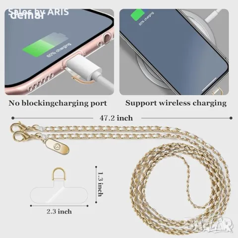 ROCONTRIP Ремък за телефон, ръчно изработен, златист, с метална връзка, снимка 5 - Селфи стикове, аксесоари - 49826544