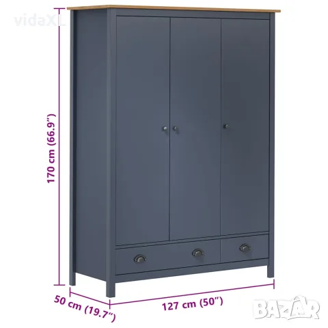 vidaXL Гардероб с 3 врати Hill сив 127x50x170 см борово дърво масив, снимка 8 - Гардероби - 56146486