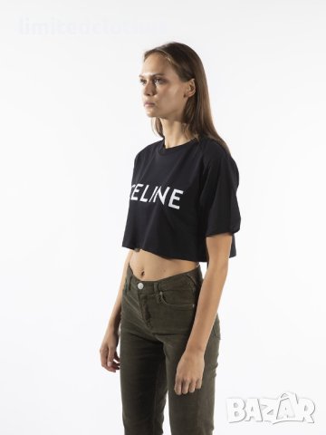 CELINE Black Logo Print Cropped Дамска Тениска size XL, снимка 4 - Тениски - 42843019