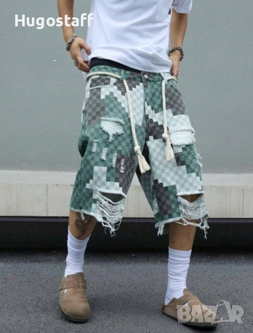 Нови къси панталони дънки скъсан ефект зелени Хл