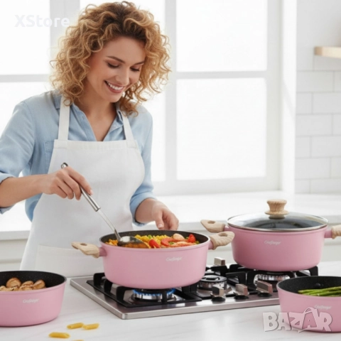 Cheffinger - Розов комплект тенджери, с мраморно покритие, здравословно готвене без залепване, снимка 4 - Съдове за готвене - 52497058