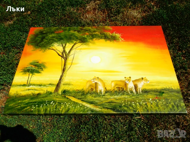 Картина Лъв,Лъвове,масло върху платно,подпис,100 см. , снимка 3 - Картини - 51318830