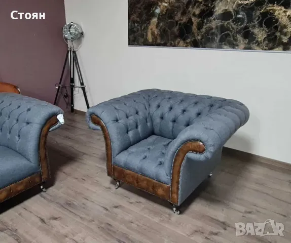 Сив комплект от плат Честърфийлд диван тройка и фотьойл, снимка 6 - Дивани и мека мебел - 50059641