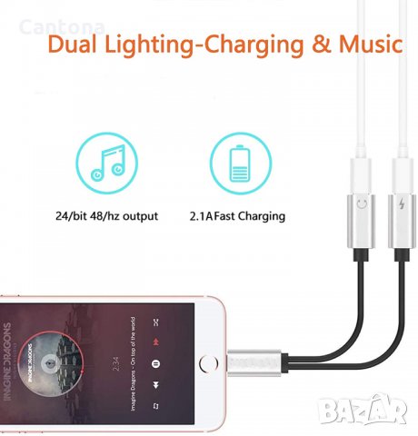 Lightning адаптер за iPhone към Lightning и 3,5 мм, за слушалки и за зареждане, снимка 2 - USB кабели - 34221727