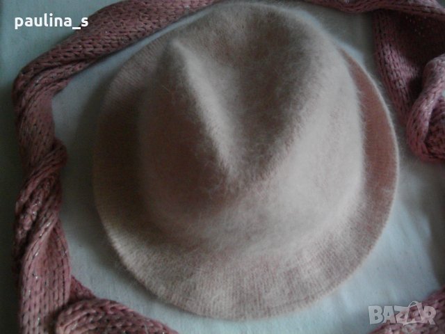 Розова феерия / комплект от ангорско бомбе, шал с топки от естествена заешка кожа, снимка 11 - Шапки - 30288888