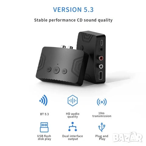 Безжичен Bluetooth 5.3 Аудио Приемник и Предавател R20 с RCA, AUX и USB порт, снимка 2 - Други - 54364670