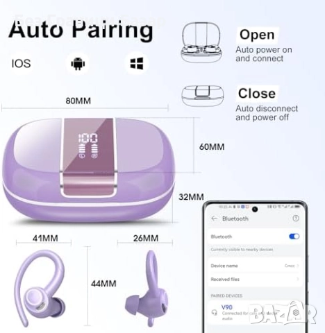 Нови Безжични слушалки за бягане с микрофон, ENC шумопотискане, LED дисплей, снимка 5 - Bluetooth слушалки - 52776100