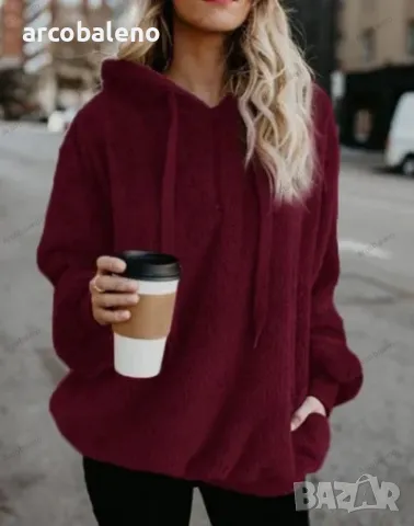 Дамски поларен суичър с качулка и джоб с връзки, 6цвята , снимка 6 - Суичъри - 47508930