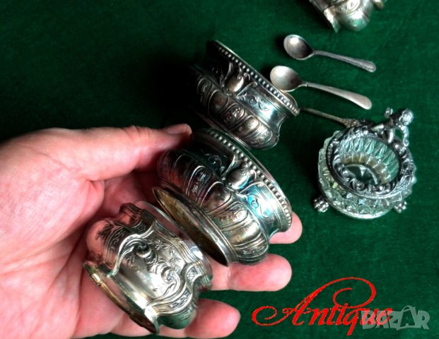 Винтидж посребърени съдове и лъжица за сол,пипер -хайвер с ангел херувим, снимка 7 - Антикварни и старинни предмети - 42149880