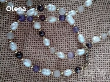  Комплект КОЛИЕ и Гривна от бароковите перли, аметист и кварц, снимка 4 - Бижутерийни комплекти - 30645662
