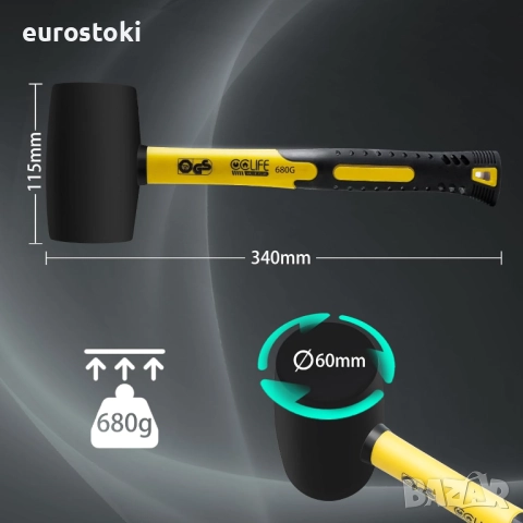 CCLIFE гумен чук, сертифициран от TÜV и GS, гумен чук с две страни за подови настилки и плочки черен, снимка 2 - Други инструменти - 51546130