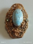 Винтидж брошка с филигран в златист цвят и овален камък ТЮРКОАЗЕН АКВАМАРИН 52242, снимка 5