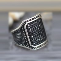 Мъжки пръстен с черни циркони, посребрен, снимка 1 - Пръстени - 38794261