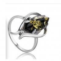 Сребърен пръстен със зелен кехлибар, Родиево покритие, снимка 1 - Пръстени - 25337782