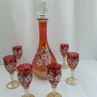 Кристални чаши и гарафа Бохемия рисувани цветно стъкло, снимка 1 - Антикварни и старинни предмети - 31273543