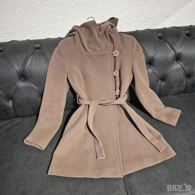 Кафяво дамско палто с качулка, снимка 1