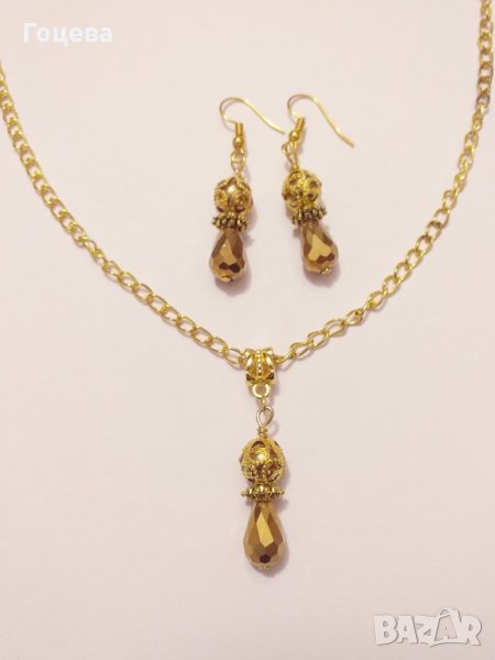 Разкошен комплект обеци и колие от златни кристали и златен полускъпоценен камък Хематит, снимка 1