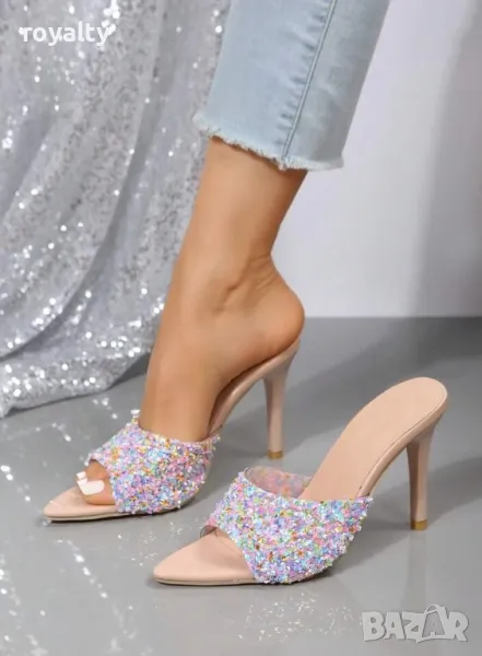Блестящи сандали на ток 🍋, снимка 1