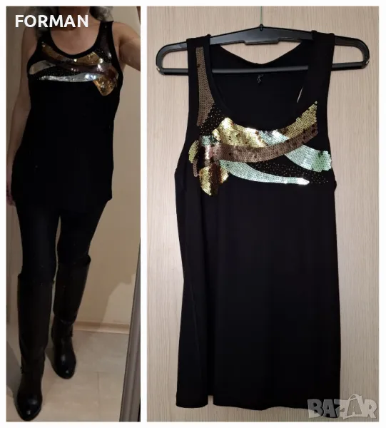 СТРАХОТЕН черен потник със сребристи и златисти пайети , снимка 1