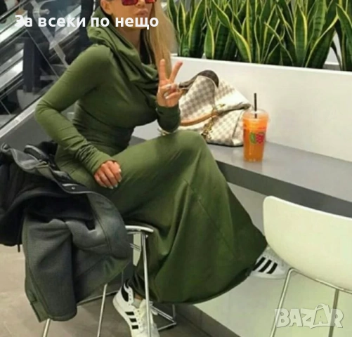 Дамска Еластична Памучна Плътна Дълга Рокля С Шал-Яка В Зелен Цвят Код Верона17 