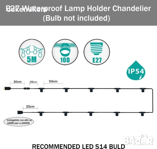 Външни LED парти лампички, 5м, S14, 10 крушки, IP65, снимка 2 - Други - 52638116