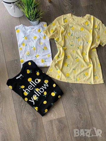 Тениска с лимони и надпис Hello Yellow в жълт цвят, снимка 3 - Тениски - 56107821