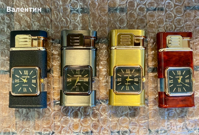 Газова ветроустойчива запалка с часовник. 4 цвята. Подарък. Сувенир.