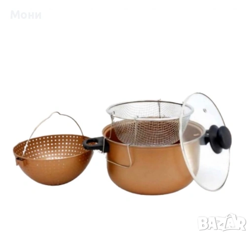 Тенджера с гевгир и кошница за пържене Voltz, 24*12.5см., Меден\въгл. стомана с незалеп. покр